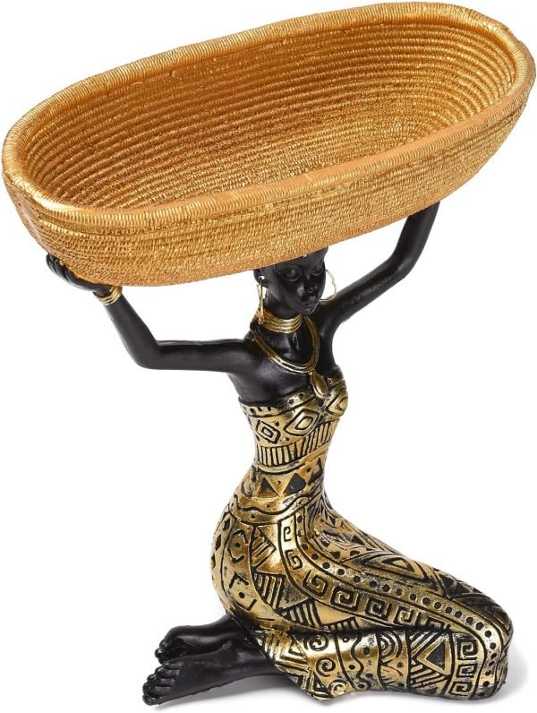 Goodsright Decor Resin Traditional Ethnic Dress Black Woman Tray Statue for Candy Jewelry Ring Fruit, Living Room Dining Table Bedroom Ornament Decoration TQGJBS337