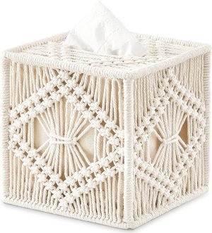 Goodsright Decor Tissue Box Cover Macrame Square Open-Bottom Tissue Box Holder Boho Decor Tissue Organizer Bohemian Handmade Woven Tissue Cube Box for Bathroom Bedroom Dresser Living Room Office Dorm
