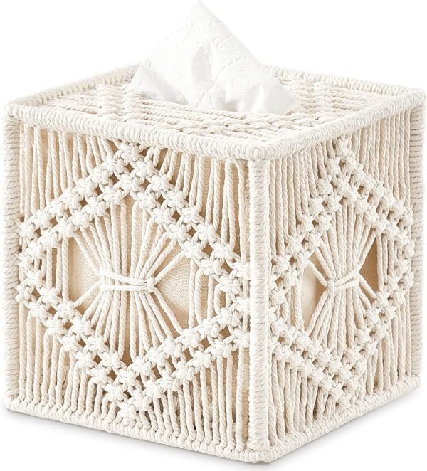 Goodsright Decor Tissue Box Cover Macrame Square Open-Bottom Tissue Box Holder Boho Decor Tissue Organizer Bohemian Handmade Woven Tissue Cube Box for Bathroom Bedroom Dresser Living Room Office Dorm