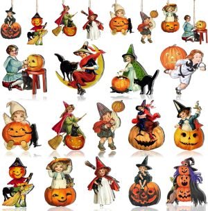 Goodsright Decor 42Pcs Vintage Halloween Tree Ornament Decorations - Hanging Wooden Pumpkin Ornaments for Halloween Tree Decor Vintage Pumpkin Witch Black Cat Wood Cutouts Signs for Halloween Tree Home Party Decor