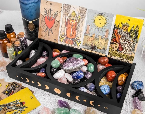 Goodsright Decor Crystal Display Moon Tray Tarot Card Holder Stand, Wiccan Decor & Witchy Accessories & Pagan Altar Supplies, Black Wooden Storage Organizer Box for Rocks Healing Stones Jewelry Home Decorative