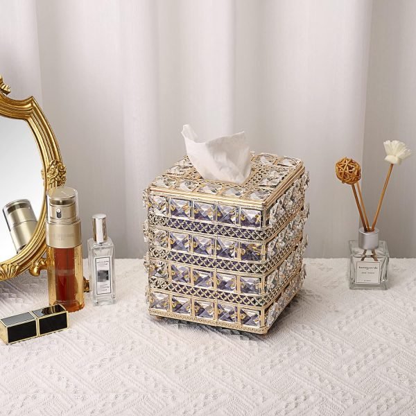 Goodsright Decor Crystal Square Tissue Box Cover - Sparkling Cube Glass Tissue Box Holder, Decorative Facial Tissue Holder for Bedroom Bathroom Dresser Night Stand Table Office Home Decor, Gold