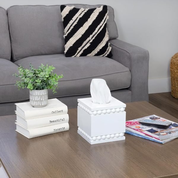 Goodsright Decor Beaded Square Tissue Box Cover (White); Rustic Farmhouse Wood Tissue Holder