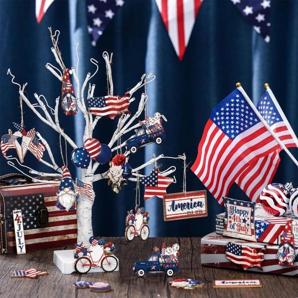 Goodsright Decor 36 Pcs 4th of July Ornaments for Tree Patriotic Wooden American Flag Ornaments Memorial Day Tree Decorations Red White Blue Hanging Decorations for Tree Independence Day Party (Classic)
