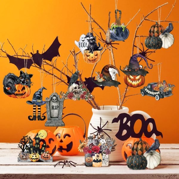 Goodsright Decor 36 Pcs Halloween Wood Ornament for Tree Vintage Halloween Ornaments Wooden Halloween Hanging Decorations Pumpkin Witch Black Cat Wood Cutouts with Ropes for Home Party Decor (Witch Hat)