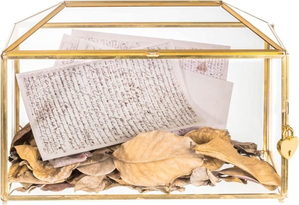 Goodsright Decor 10.2" x 5.9" x 7.9" Small Glass Cards Box with Slot and Lock for Wedding Reception - Birthdays Party Card Holder, Home Geometric Decorative, Clear Gold Terrarium (Glass Box Only)