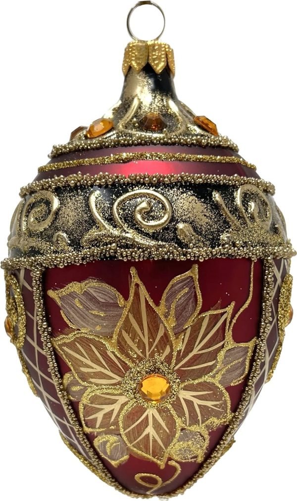 Goodsright Decor Faberg?? Egg 5-Inch Blown Glass Christmas Tree Ornament Holiday Poinsettia (Onyx Black)