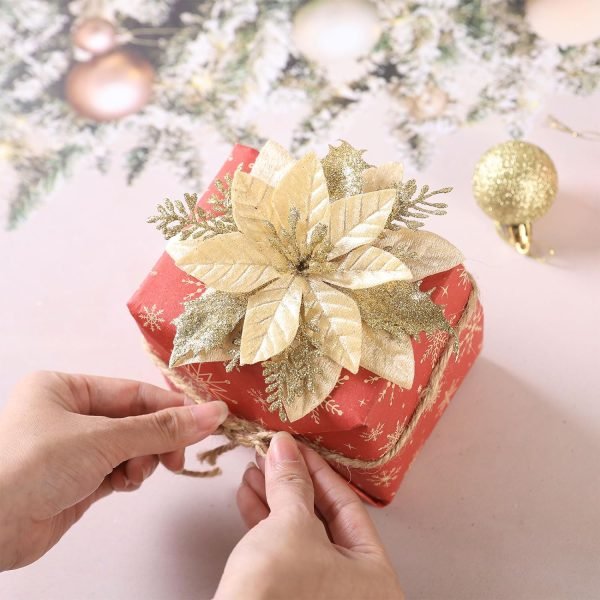 Goodsright Decor 24Pcs Christmas Glitter Poinsettia Flowers, Artificial Christmas Flower with Clips Glitter Christmas Tree Ornaments for Wedding Party Holiday Wreath Table Decoration