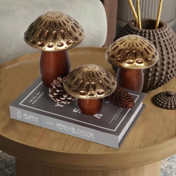 Goodsright Decor Mushroom Statues, Coffee Table Decor, Mushroom Ornaments, Set of 3, Mushroom Decorations, Gold Wooden Mushrooms, Mushroom Decor Aesthetic, Mushroom Figurines