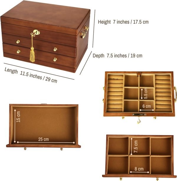 Goodsright Decor Wooden Jewelry Box with Lock and Key for Women, 2 Drawers Medium Size Real Natural Wood Lockable Antique Girls Organizer Boxes with Large Storage, Ring Compartments, Built in Necklace Hooks