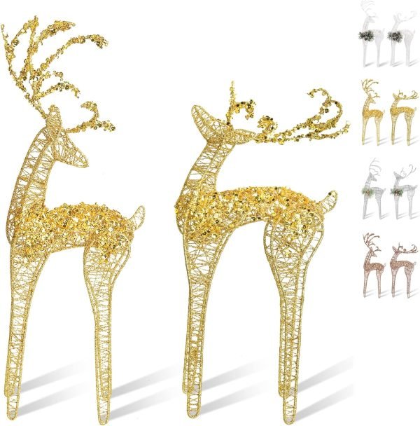 Goodsright Decor 2pc Set White Pinecone Rattan Thread String Christmas Reindeer Figurine Table Desk Decorations Glittering Xmas Holiday Party Supply