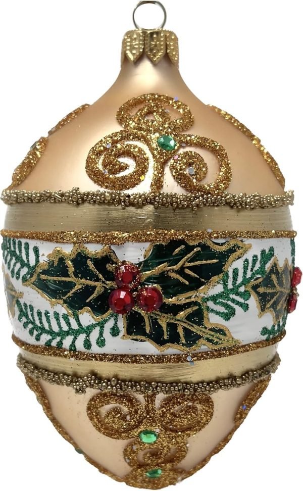 Goodsright Decor Faberg?? Egg 5-Inch Blown Glass Christmas Tree Ornament Mistletoe Leaves (Green Matte)