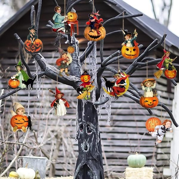 Goodsright Decor 42Pcs Vintage Halloween Tree Ornament Decorations - Hanging Wooden Pumpkin Ornaments for Halloween Tree Decor Vintage Pumpkin Witch Black Cat Wood Cutouts Signs for Halloween Tree Home Party Decor