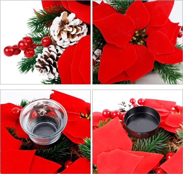 Goodsright Decor Christmas Centerpiece, Christmas Candle Holders, Christmas Tabletop Poinsettia Centerpiece with 3 Candle Holders, Romantic Holiday Candelabrum for Home Party Christmas Table Mantel Decorations