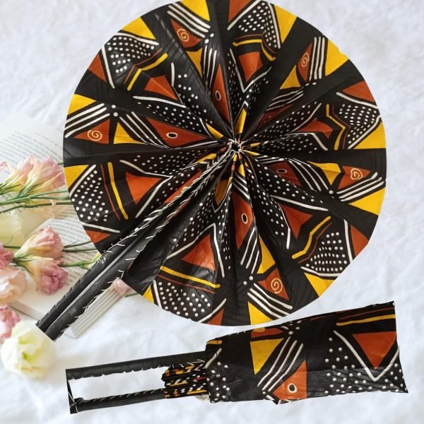 Goodsright Decor Handmade African Fan-Round Folding Handheld Fan for Costume, Dance, Party, Festival, Summer, Home Decor - Traditional Ankara Fabric Fan with Colorful Ethnic Print, Leather Handle (Design 11)