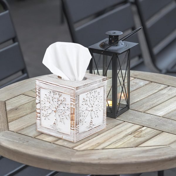 Goodsright Decor Wood Carved Tissue Box Cover Square Tissue Holder Whitewashed Tree of Life Design Rustic Vintage Home Decor for Bathrooom Bedroom Living Room
