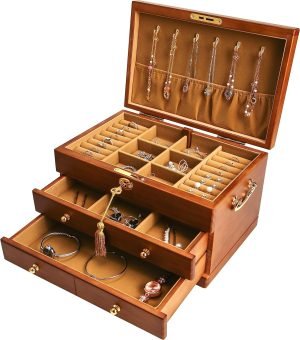 Goodsright Decor Wooden Jewelry Box with Lock and Key for Women, 2 Drawers Medium Size Real Natural Wood Lockable Antique Girls Organizer Boxes with Large Storage, Ring Compartments, Built in Necklace Hooks