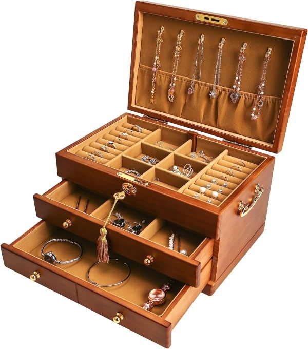 Goodsright Decor Wooden Jewelry Box with Lock and Key for Women, 2 Drawers Medium Size Real Natural Wood Lockable Antique Girls Organizer Boxes with Large Storage, Ring Compartments, Built in Necklace Hooks