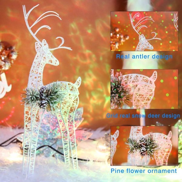 Goodsright Decor 2pc Set White Pinecone Rattan Thread String Christmas Reindeer Figurine Table Desk Decorations Glittering Xmas Holiday Party Supply