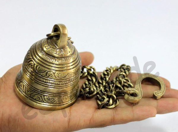 Goodsright Decor Ethnic Indian Handcrafted Brass Temple Bell with Chain | Brass Hanging Bell | Home Decor | Door Decor | Pooja Accessories