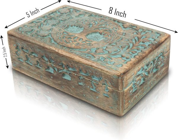 Goodsright Decor Great Birthday Gifts Handmade Decorative Wooden Jewelry Box Tree Of Life Carving Jewelry Organizer Keepsake Box Treasure Chest Trinket Holder Watch Box Storage Lock Box Housewarming Gift (Blue)