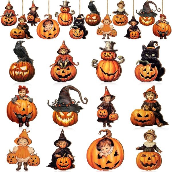 Goodsright Decor 36 Pcs Halloween Wood Ornament for Tree Vintage Halloween Ornaments Wooden Halloween Hanging Decorations Pumpkin Witch Black Cat Wood Cutouts with Ropes for Home Party Decor (Witch Hat)