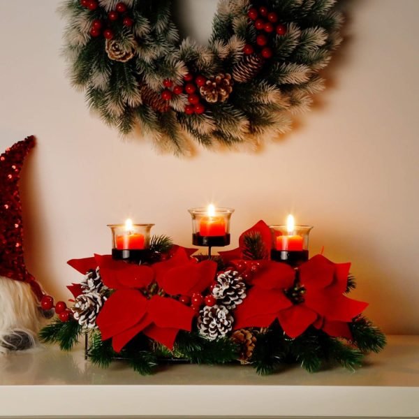 Goodsright Decor Christmas Centerpiece, Christmas Candle Holders, Christmas Tabletop Poinsettia Centerpiece with 3 Candle Holders, Romantic Holiday Candelabrum for Home Party Christmas Table Mantel Decorations