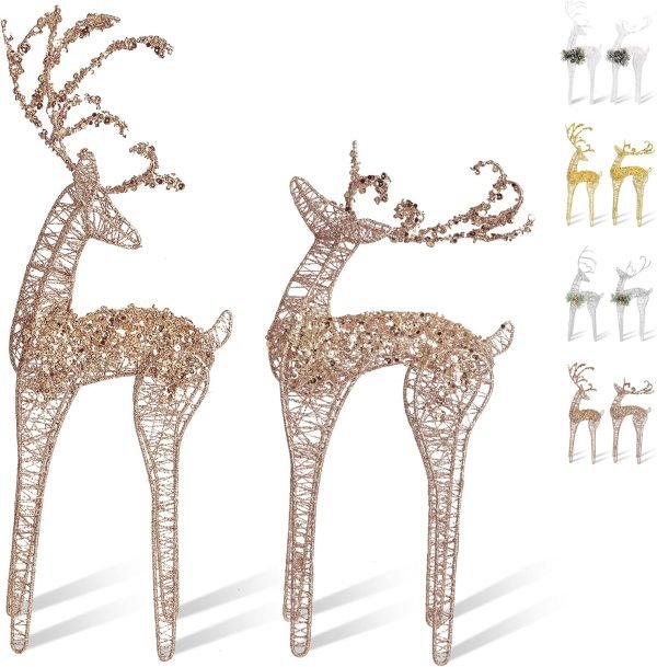 Goodsright Decor 2pc Set White Pinecone Rattan Thread String Christmas Reindeer Figurine Table Desk Decorations Glittering Xmas Holiday Party Supply