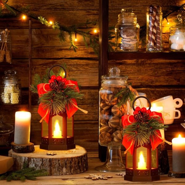 Goodsright Decor 6 Pcs Christmas Decorative Lanterns for Outside with LED Flickering Flameless Candle Red Ribbon Decorative Hanging Lantern Vintage Holiday Lanterns for Indoor Outdoor Table Party Decoration