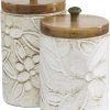 Goodsright Decor 79 Ceramic Handmade Decorative Decorative Jars Intricately Carved Decorative Containers with Wood Lids, Set of 2 Decorative Keepsake Boxes 9", 10"H, White