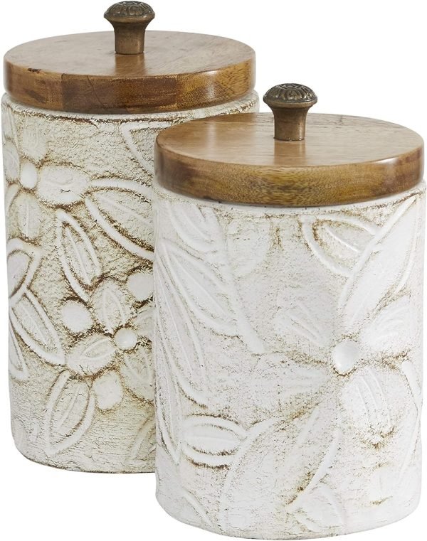 Goodsright Decor 79 Ceramic Handmade Decorative Decorative Jars Intricately Carved Decorative Containers with Wood Lids, Set of 2 Decorative Keepsake Boxes 9", 10"H, White
