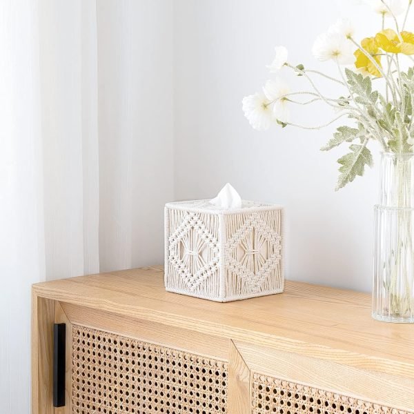 Goodsright Decor Tissue Box Cover Macrame Square Open-Bottom Tissue Box Holder Boho Decor Tissue Organizer Bohemian Handmade Woven Tissue Cube Box for Bathroom Bedroom Dresser Living Room Office Dorm