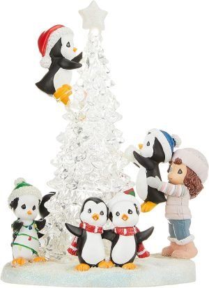 Goodsright Decor Precious Moments Light Up Figurine | Tree-mendous Fun Girl with Penguins | LED Lighted Resin/Acrylic Tabletop Christmas Tree Figurine | Holiday Decor & Gift | Hand-Painted