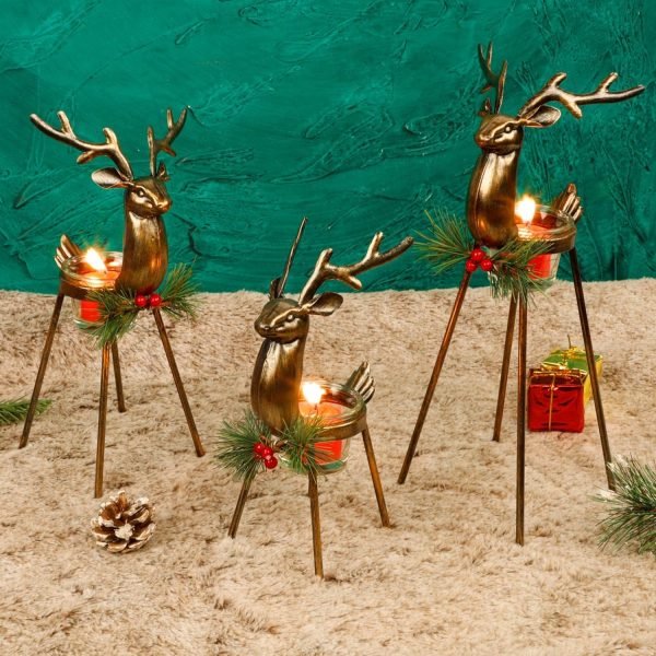 Goodsright Decor Set of 3 Reindeer Tealight Candle Holders, Standing Iron Metal Christmas Decorations, Glass Votive Candle Holder, Durable and Rust-Proof Holiday Tabletop Centerpiece and Display