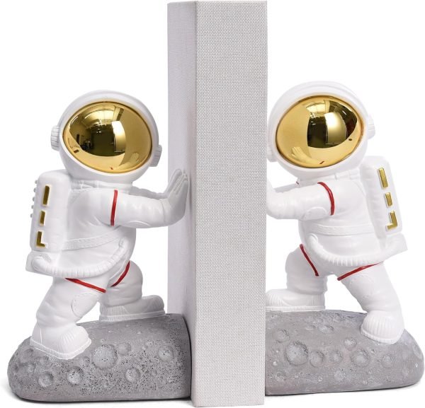 Goodsright Decor Space Decor Bookends, Resin Astronaut Bookshelf Ends for Kids Rooms Gold Book Ends for Heavy Books Fun Heavy Duty Book End Holder Astronaut Figurine Statue for Office Home Room(D-Gold)