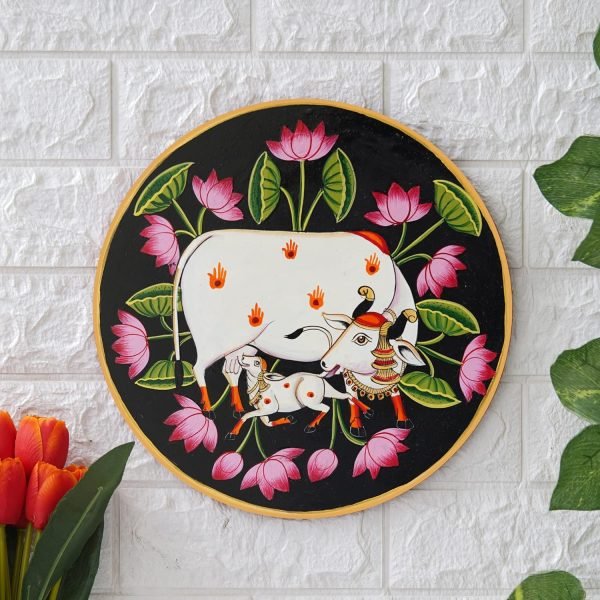 Goodsright Decor Dream Decor Craft Handpainted Pichwai Cow Painting On Wooden Plate For Home Decor, Handmade Gifts, Indian Art, Ethnic Wall Decor