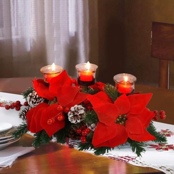 Goodsright Decor Christmas Centerpiece, Christmas Candle Holders, Christmas Tabletop Poinsettia Centerpiece with 3 Candle Holders, Romantic Holiday Candelabrum for Home Party Christmas Table Mantel Decorations