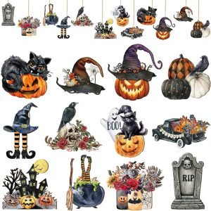 Goodsright Decor 36 Pcs Halloween Wood Ornament for Tree Vintage Halloween Ornaments Wooden Halloween Hanging Decorations Pumpkin Witch Black Cat Wood Cutouts with Ropes for Home Party Decor (Witch Hat)