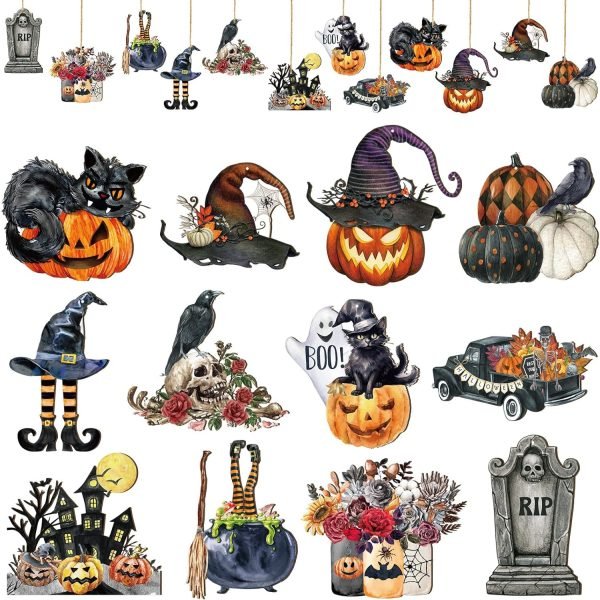 Goodsright Decor 36 Pcs Halloween Wood Ornament for Tree Vintage Halloween Ornaments Wooden Halloween Hanging Decorations Pumpkin Witch Black Cat Wood Cutouts with Ropes for Home Party Decor (Witch Hat)