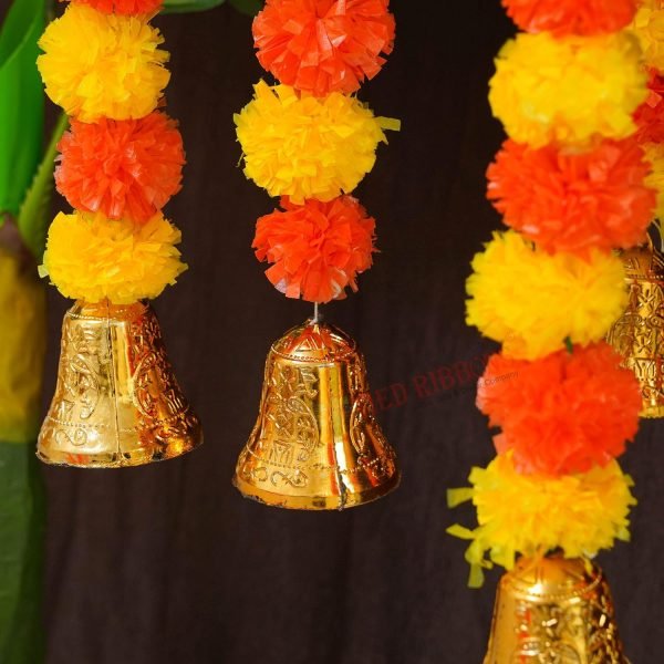 Goodsright Decor Artificial Marigold Flowers Garland with Golden Bells | Set of 10 | Orange, Yellow | 4.5 Feet | Bandhanwar Flower Garland String for Home, Party | Door Hanging Diwali Decorations for Home