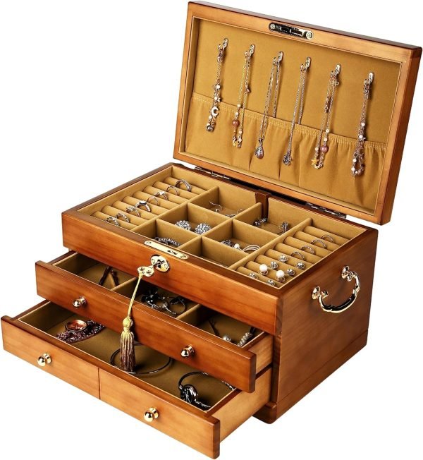 Goodsright Decor Wooden Jewelry Box with Lock and Key for Women, 2 Drawers Medium Size Real Natural Wood Lockable Antique Girls Organizer Boxes with Large Storage, Ring Compartments, Built in Necklace Hooks