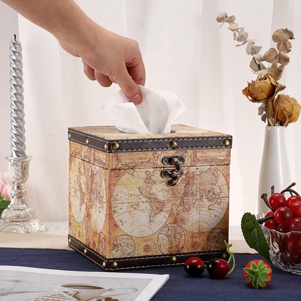 Goodsright Decor Retro Wood Square Tissue Box Cover - Vintage Cube Tissue Box Holder, Decorative Facial Tissue Holder for Bedroom Bathroom Dresser Night Stand Table Car Store Office Home Decor, Yellow