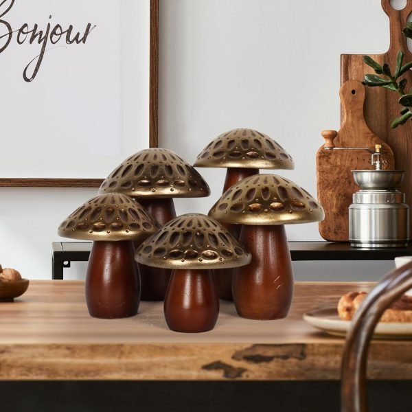 Goodsright Decor Mushroom Statues, Coffee Table Decor, Mushroom Ornaments, Set of 3, Mushroom Decorations, Gold Wooden Mushrooms, Mushroom Decor Aesthetic, Mushroom Figurines