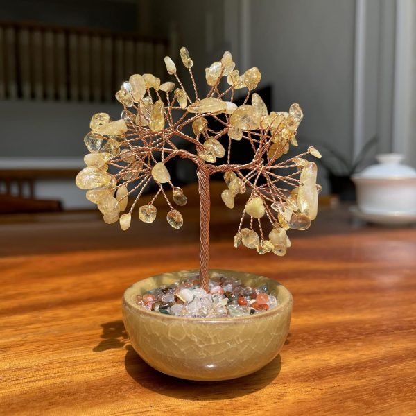 Goodsright Decor Yellow Crystal Delicate Design Hair Fortune Tree Small Home Ornament with Good Luck Natural Ornament Gift