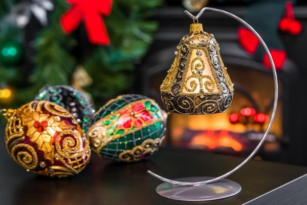 Goodsright Decor Christmas Bell Ornament 4-Inch Blown Glass (Gold Embellished)
