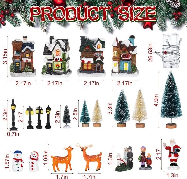 Goodsright Decor 31 Pcs Christmas Village Figurines Decoration Set Lighted LED Christmas Village Houses with Figurines and Snow Blanket Roll for Christmas Town Scene Desktop Ornaments Battery Operated Landscape Decor