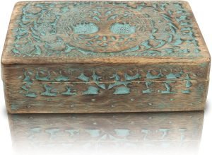 Goodsright Decor Great Birthday Gifts Handmade Decorative Wooden Jewelry Box Tree Of Life Carving Jewelry Organizer Keepsake Box Treasure Chest Trinket Holder Watch Box Storage Lock Box Housewarming Gift (Blue)
