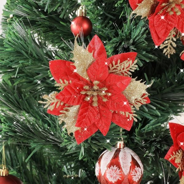 Goodsright Decor 24Pcs Christmas Glitter Poinsettia Flowers, Artificial Christmas Flower with Clips Glitter Christmas Tree Ornaments for Wedding Party Holiday Wreath Table Decoration