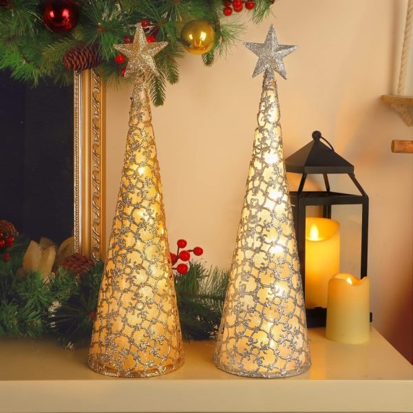 Goodsright Decor Lighted Christmas Table Decorations with Star and 10 LED Lights Battery Operated, Indoor Xmas Thanksgiving Holiday Wedding Party Tabletop Desk Ornament, Set of 2 (Gold, Silver)