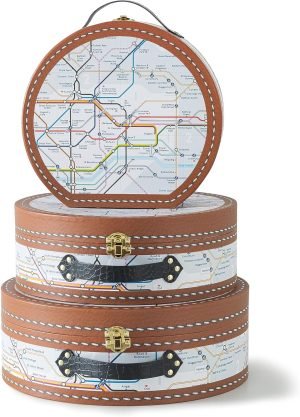 Goodsright Decor Round-Edged Cardboard Decorative Storage Boxes with Lids: Set of 3 Metro Route Themed Gifts, Mini Vintage Suitcases, Transit Map Decorated Boxes, Scrapbook Storage Boxes, Prop Storage Boxes